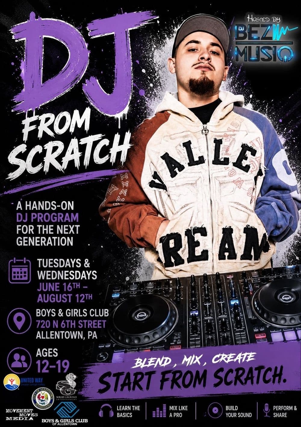 DJ From Scratch 2026 flyer — a hands-on DJ program for the next generation